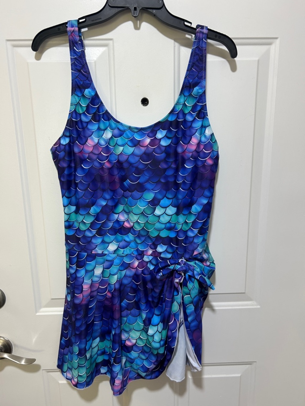 Women’s Blue Mermaid-Scale Swim Dress with Tie